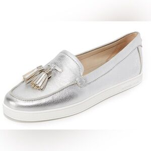 Michael Kors Callahan Metallic Silver Leather Loafers Slip on Shoes Tassels